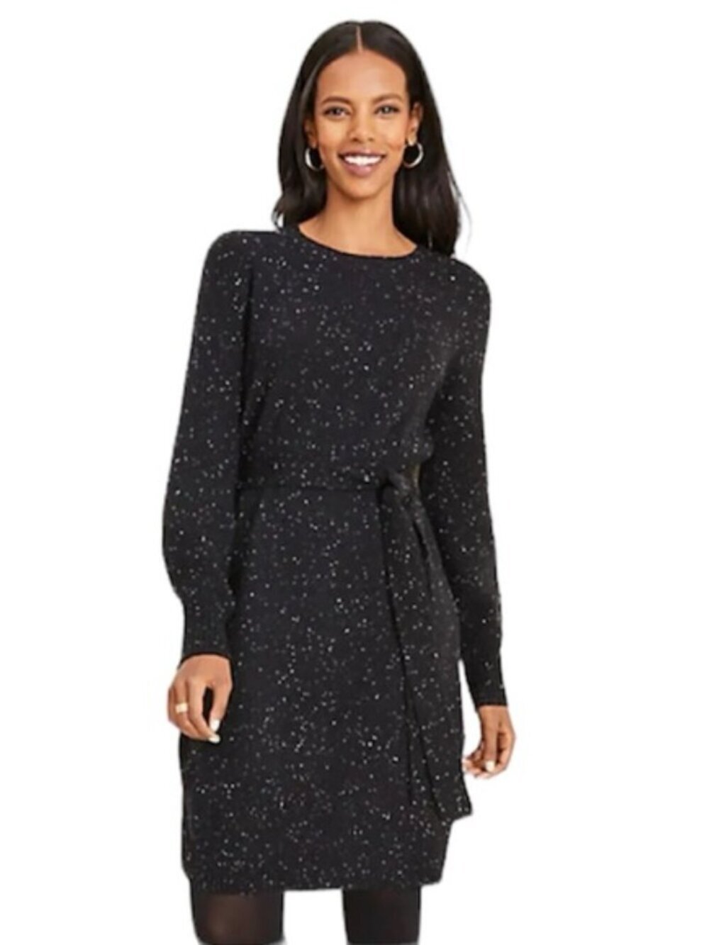 Ann Taylor Black Knit Tie-Waist Dress Long Sleeve Sweater Dress Size Large